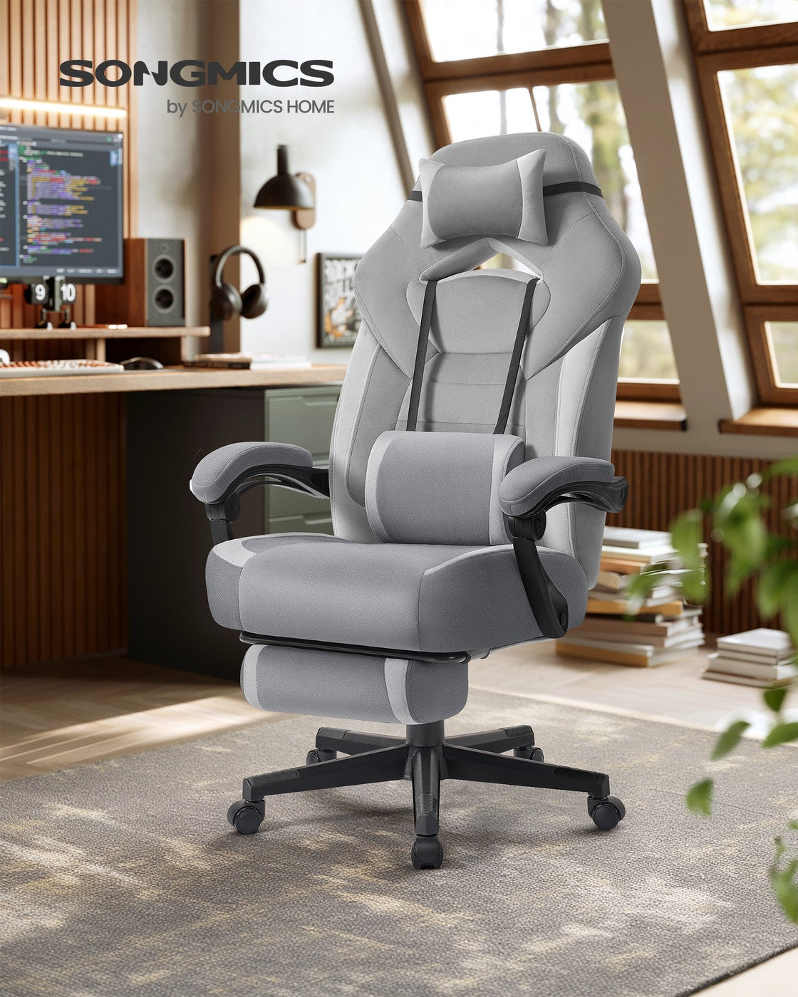 Gaming Chair – Fabric – Black and Blue – Ergonomic Design with Adjustable Headrest and Footrest