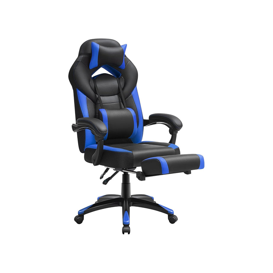 Gaming Chair – Faux Leather – Black and Blue – Ergonomic Design with Footrest and Adjustable Headrest