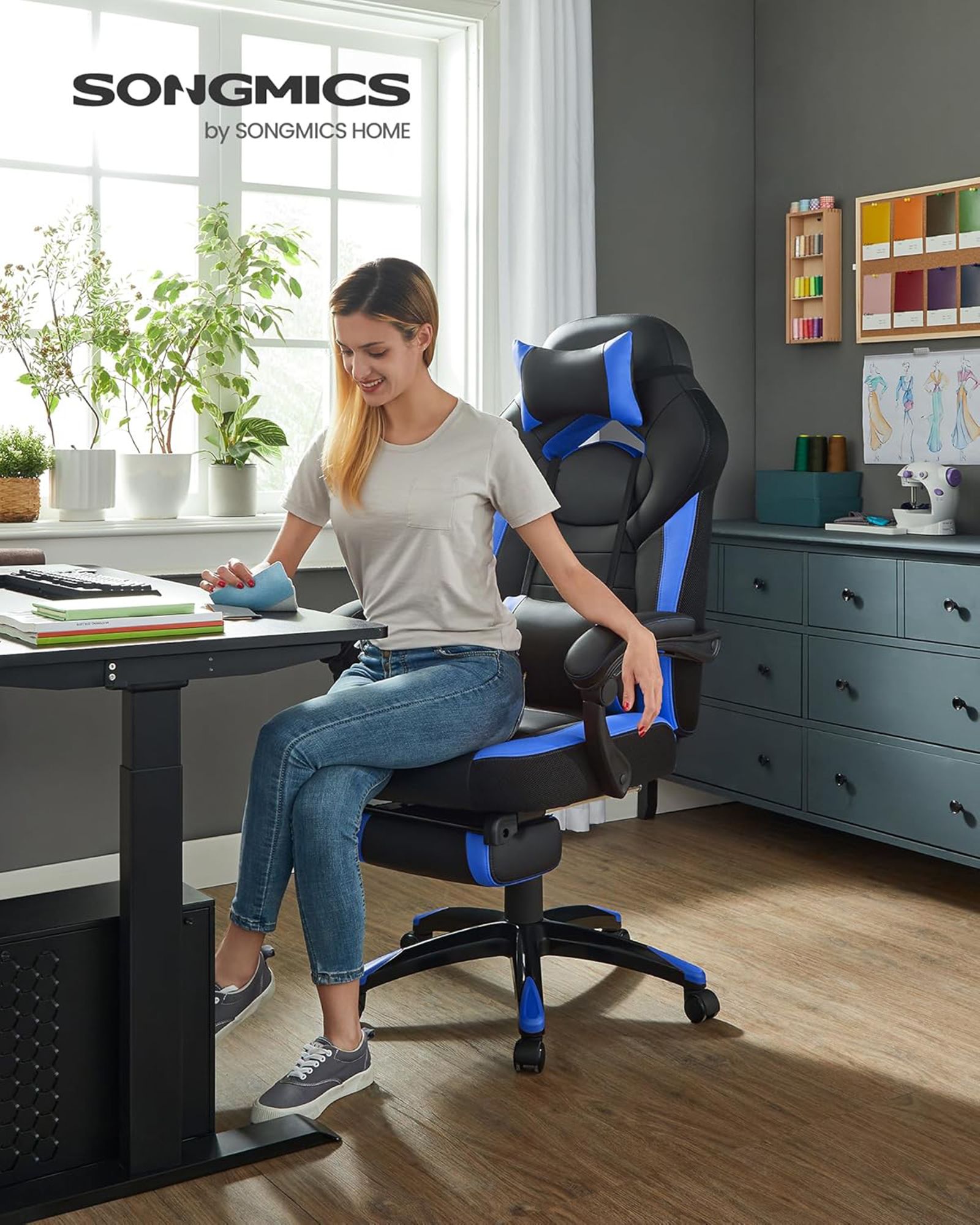 Gaming Chair – Fabric – Black and Red – Ergonomic Design with Adjustable Headrest and Footrest