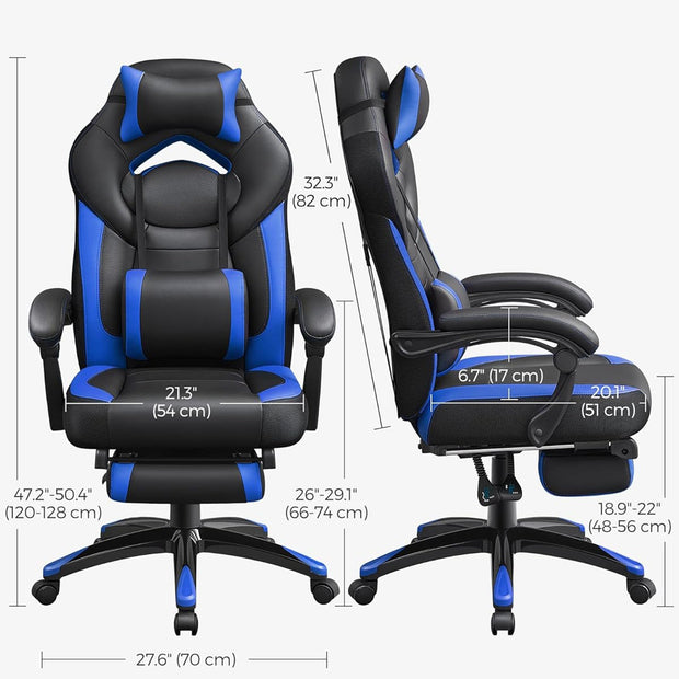 Gaming Chair – Faux Leather – Black and Blue – Ergonomic Design with Footrest and Adjustable Headrest