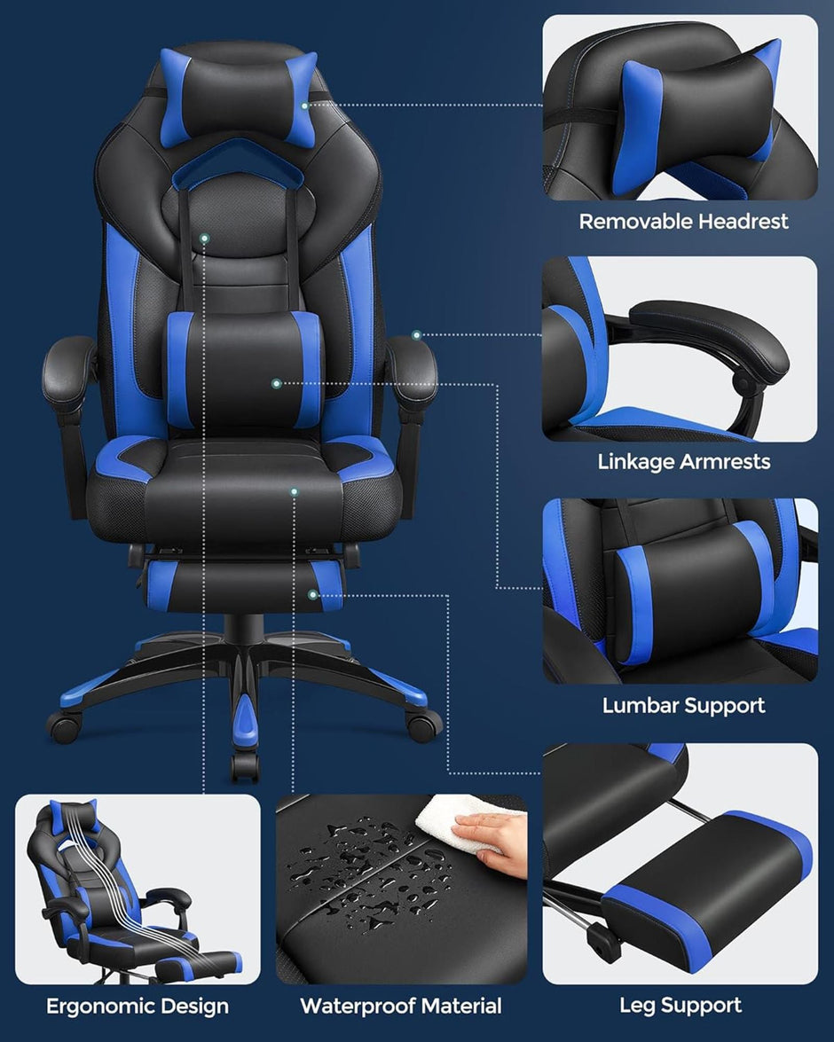 Gaming Chair – Fabric – Black and Red – Ergonomic Design with Adjustable Headrest and Footrest