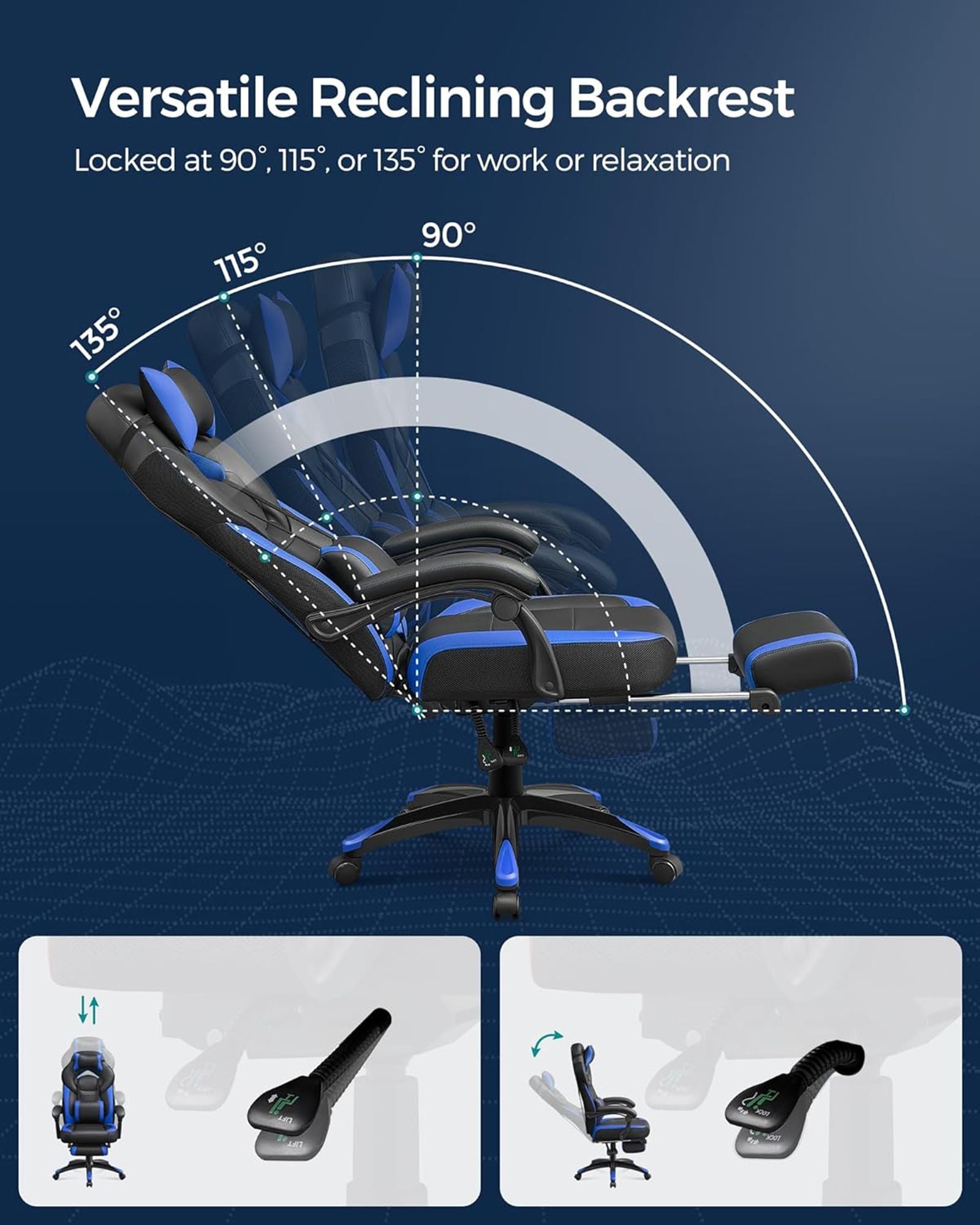 Gaming Chair – Faux Leather – Black and Blue – Ergonomic Design with Footrest and Adjustable Headrest