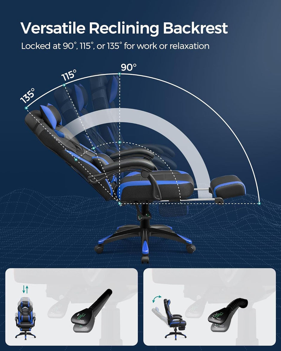 Gaming Chair – Faux Leather – Black and Blue – Ergonomic Design with Footrest and Adjustable Headrest