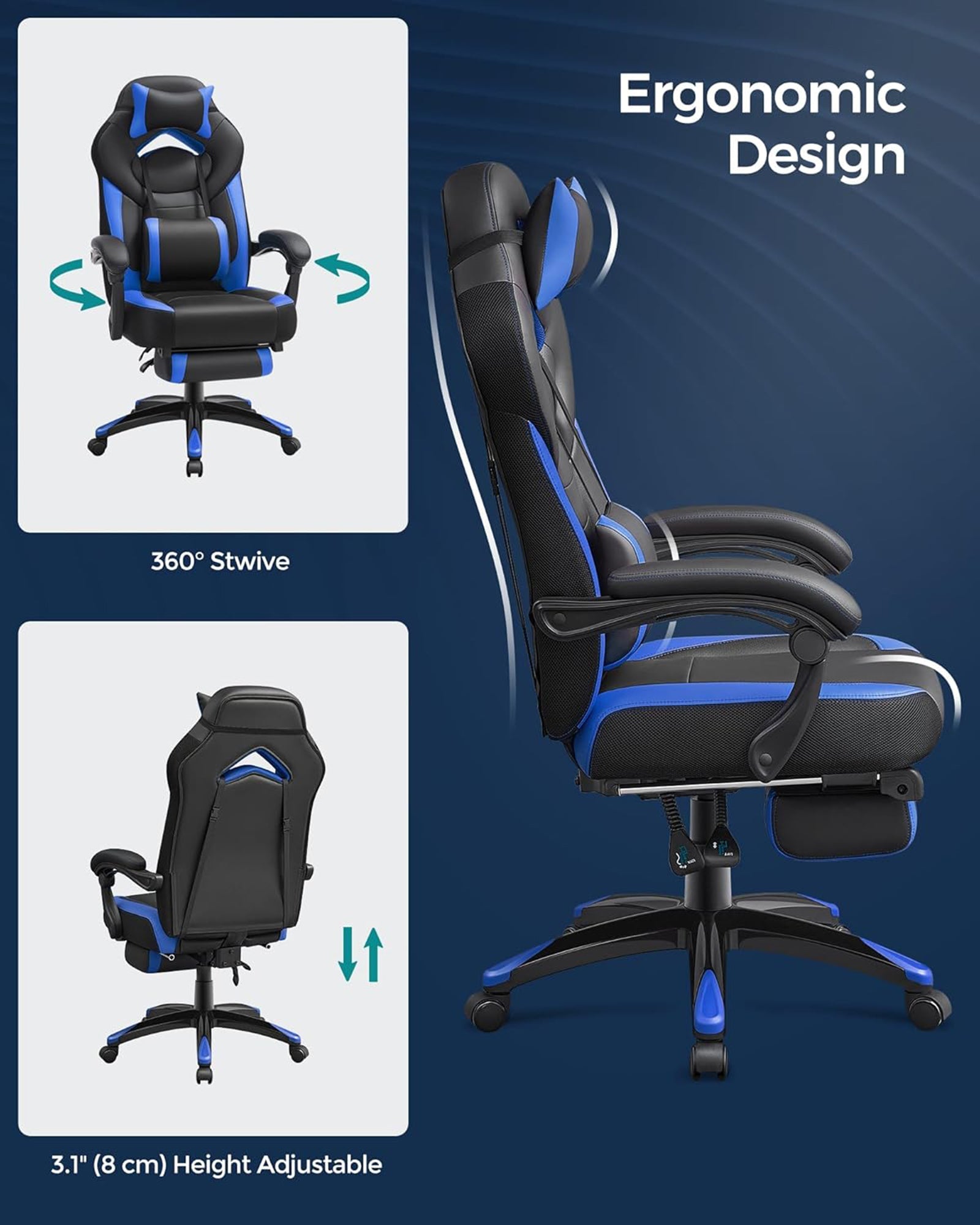 Gaming Chair – Faux Leather – Black and Blue – Ergonomic Design with Footrest and Adjustable Headrest