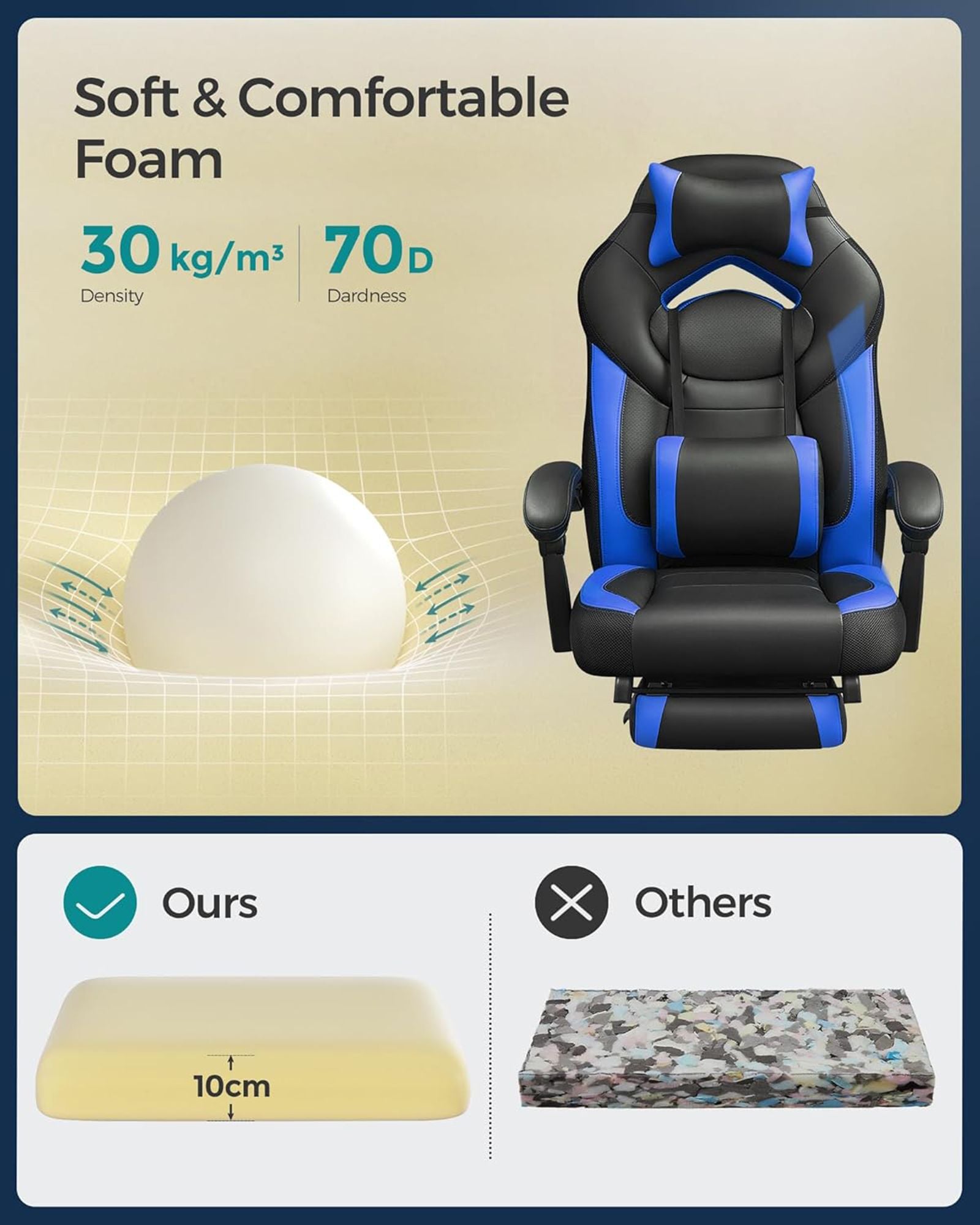 Gaming Chair – Faux Leather – Black and Blue – Ergonomic Design with Footrest and Adjustable Headrest