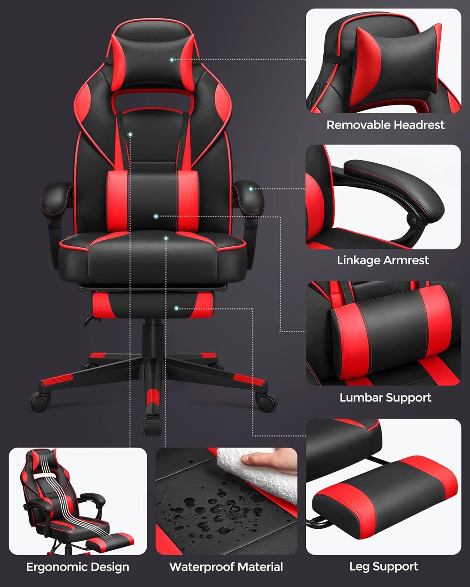 Gaming Chair – Faux Leather – Black and Red – Ergonomic Design with Adjustable Headrest and Lumbar Support