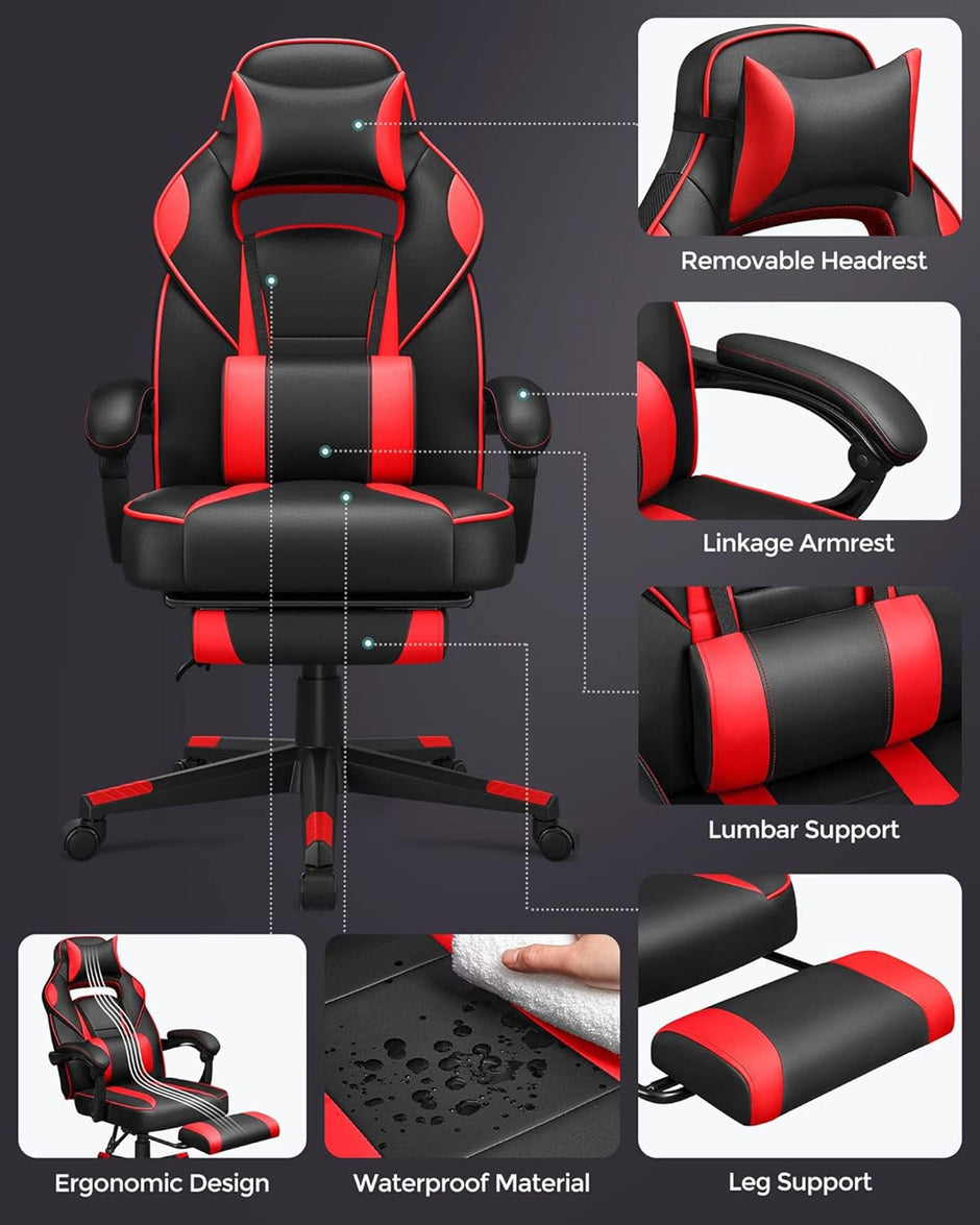 Gaming Chair – Faux Leather – Black and Red – Ergonomic Design with Adjustable Headrest and Lumbar Support