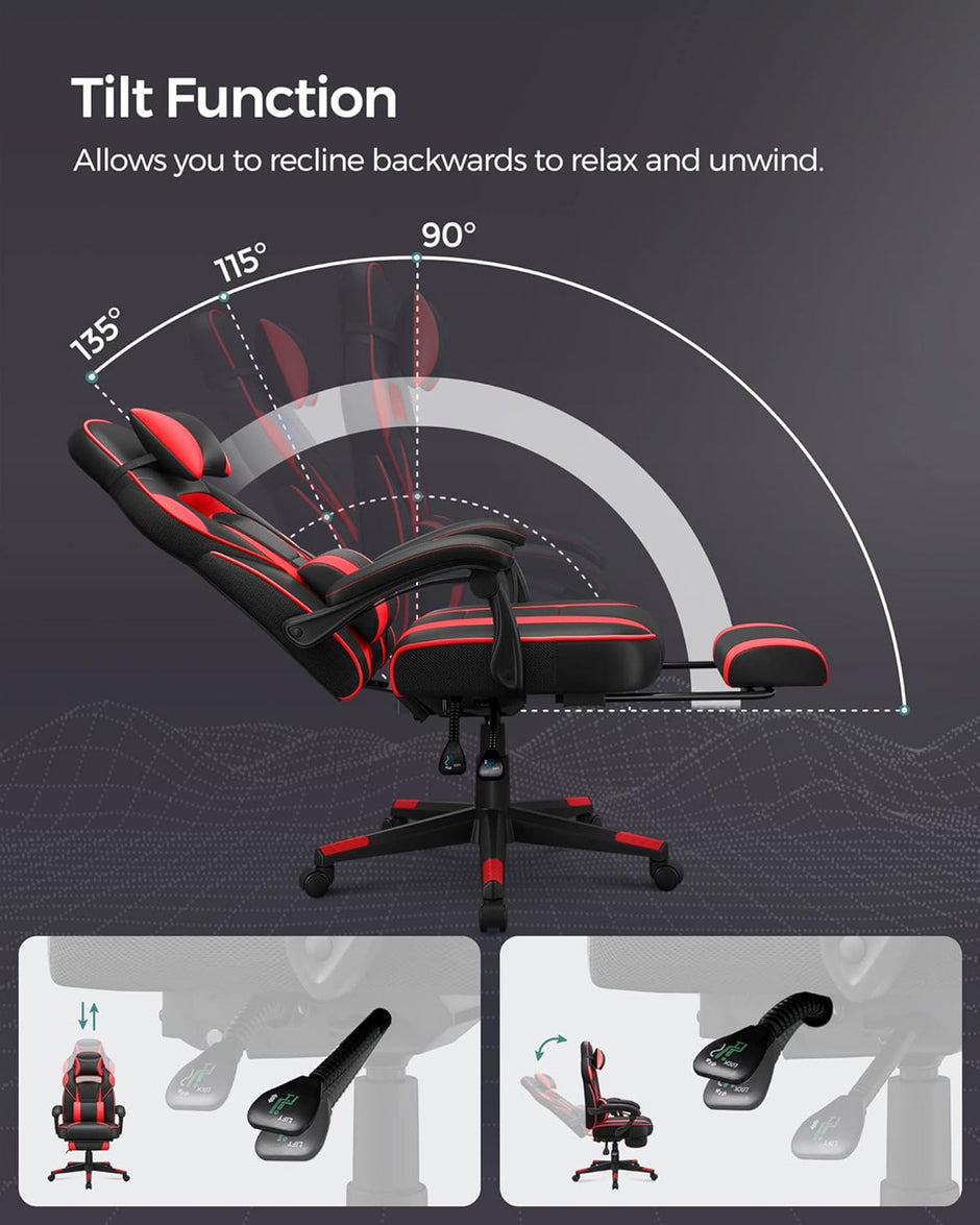 Gaming Chair – Faux Leather – Black and Red – Ergonomic Design with Adjustable Headrest and Lumbar Support