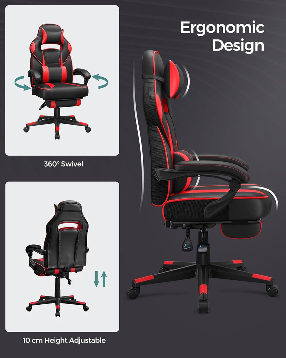 Gaming Chair – Faux Leather – Black and Red – Ergonomic Design with Adjustable Headrest and Lumbar Support