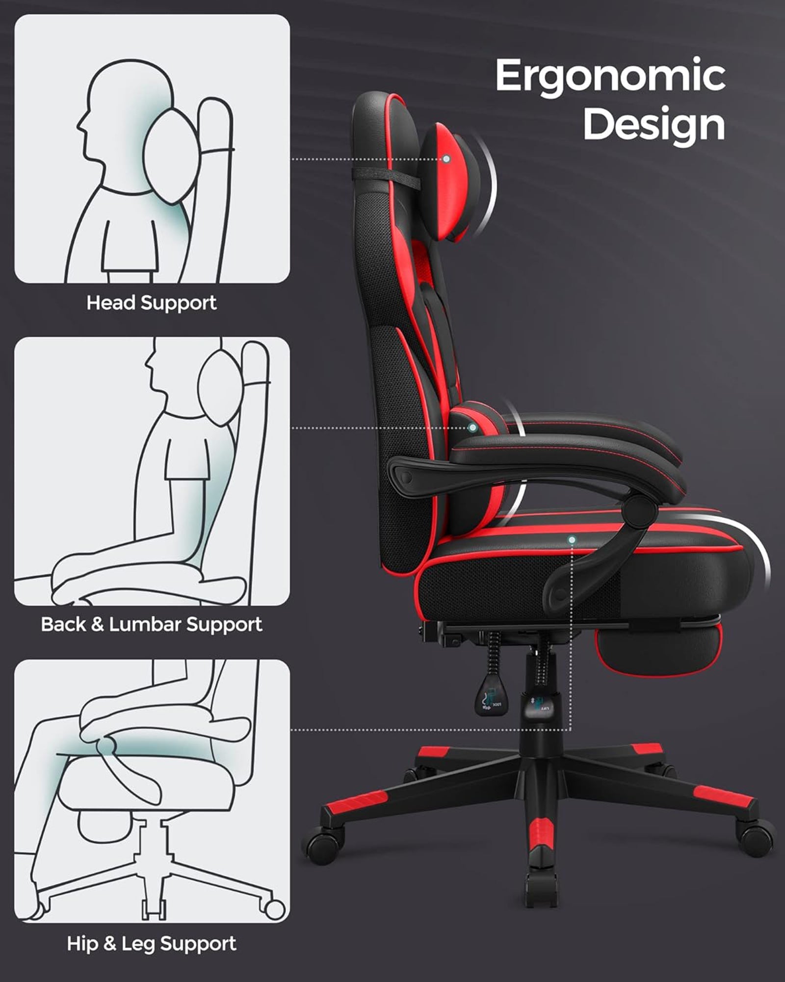 Gaming Chair – Faux Leather – Black and Red – Ergonomic Design with Adjustable Headrest and Lumbar Support