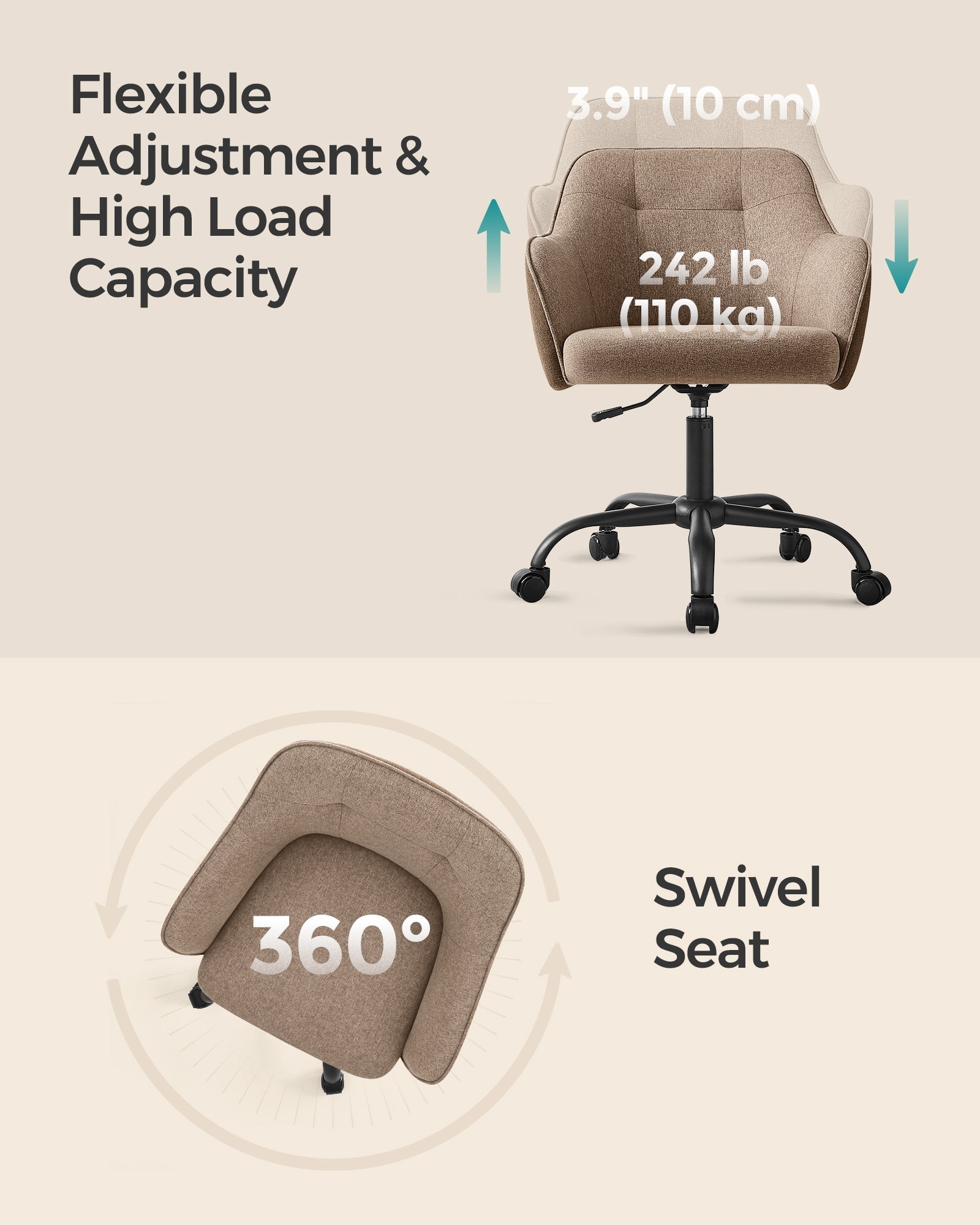 Height-Adjustable Office Chair – Linenette Fabric – Walnut Brown – Ergonomic Design