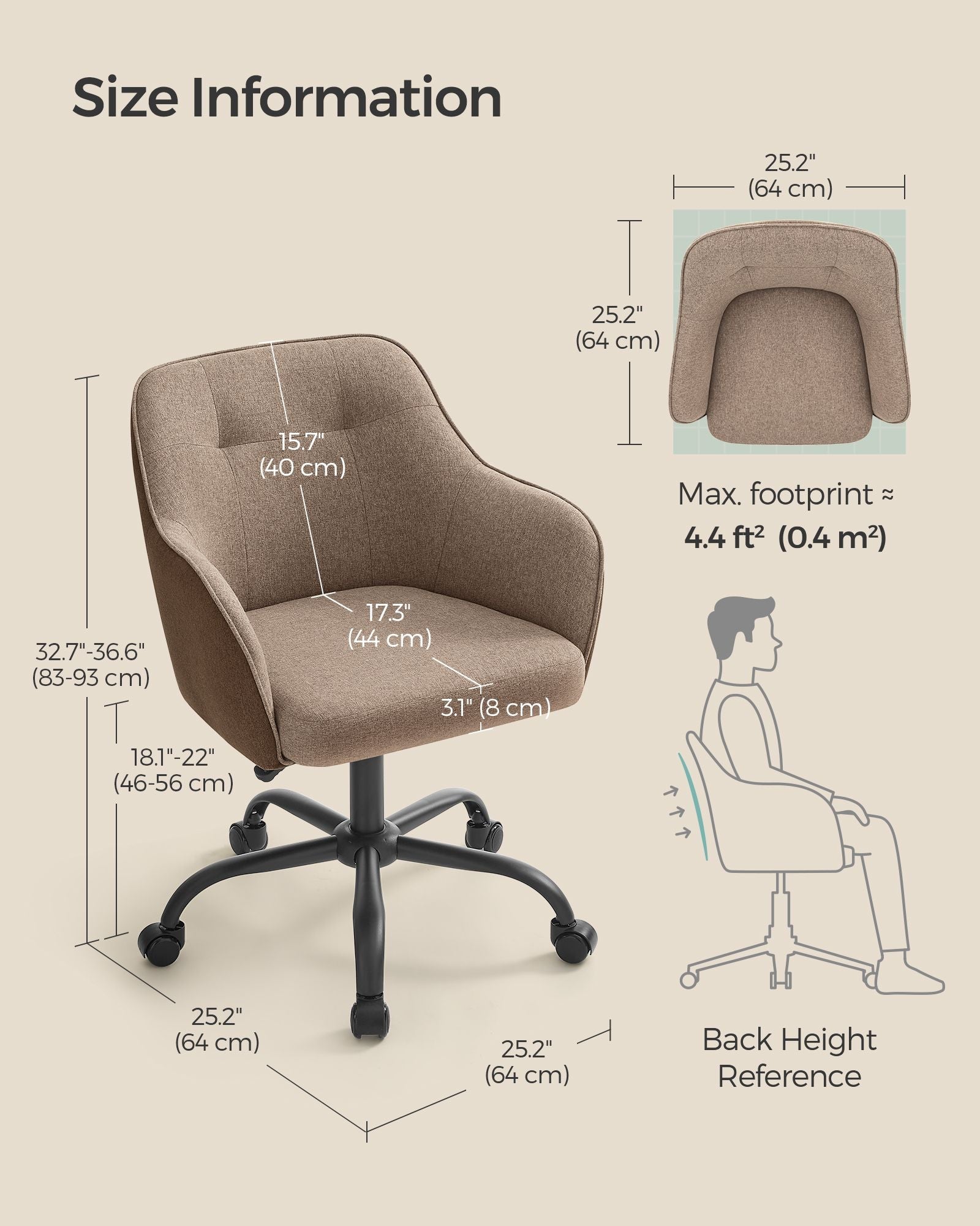 Height-Adjustable Office Chair – Linenette Fabric – Walnut Brown – Ergonomic Design