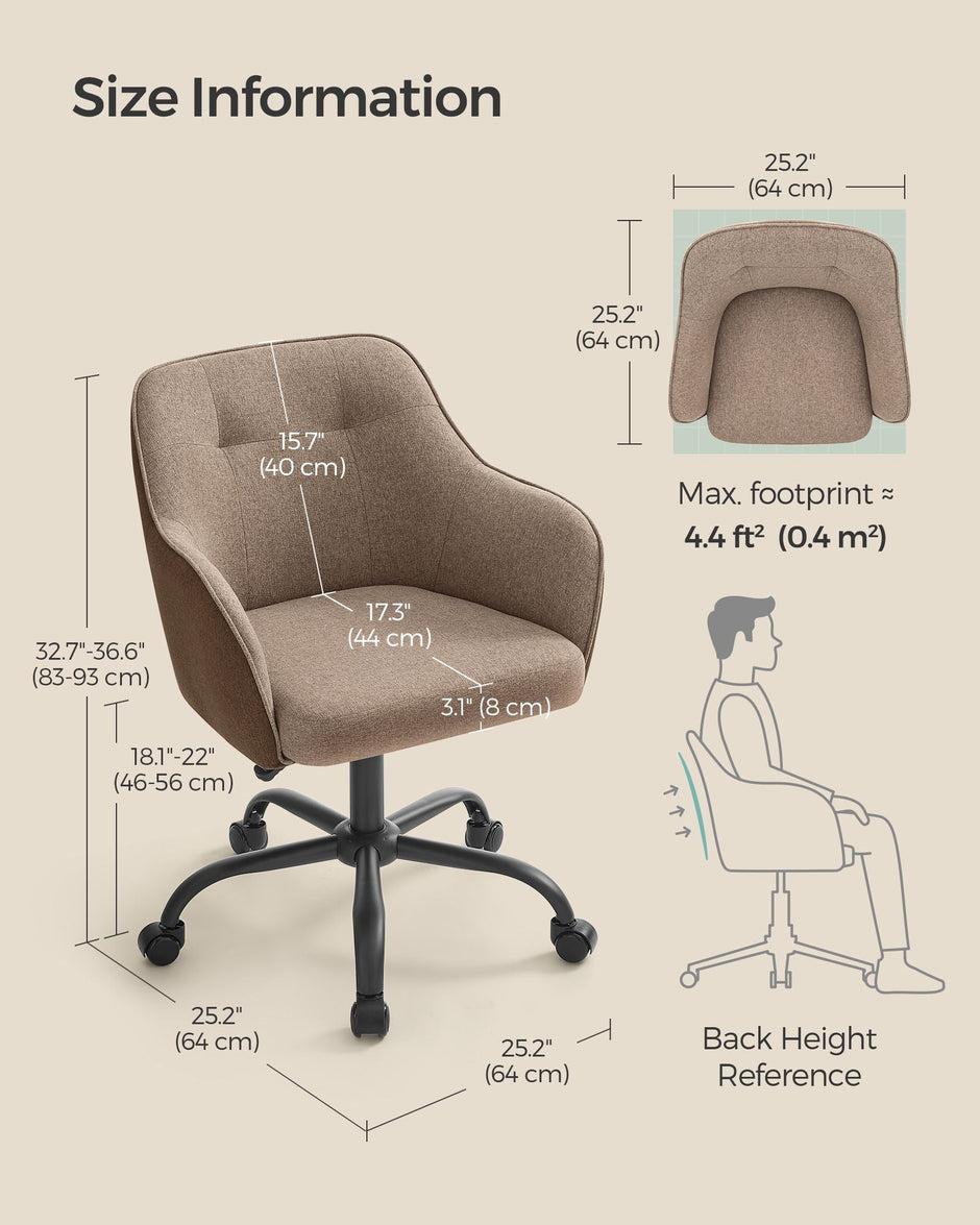 Height-Adjustable Office Chair – Linenette Fabric – Walnut Brown – Ergonomic Design