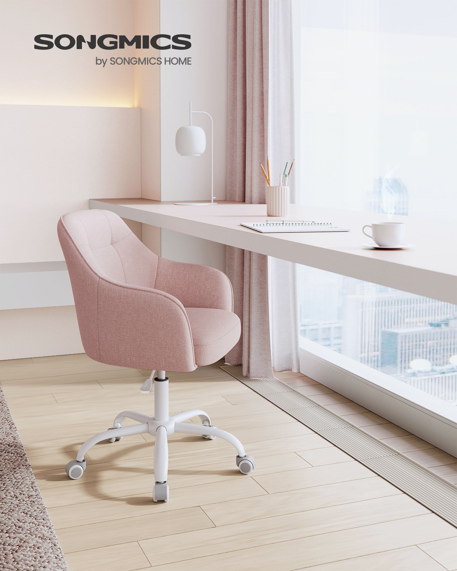 Height-Adjustable Office Chair – Linenette Fabric – Jelly Pink – Ergonomic Swivel Design, Max Load 120 kg