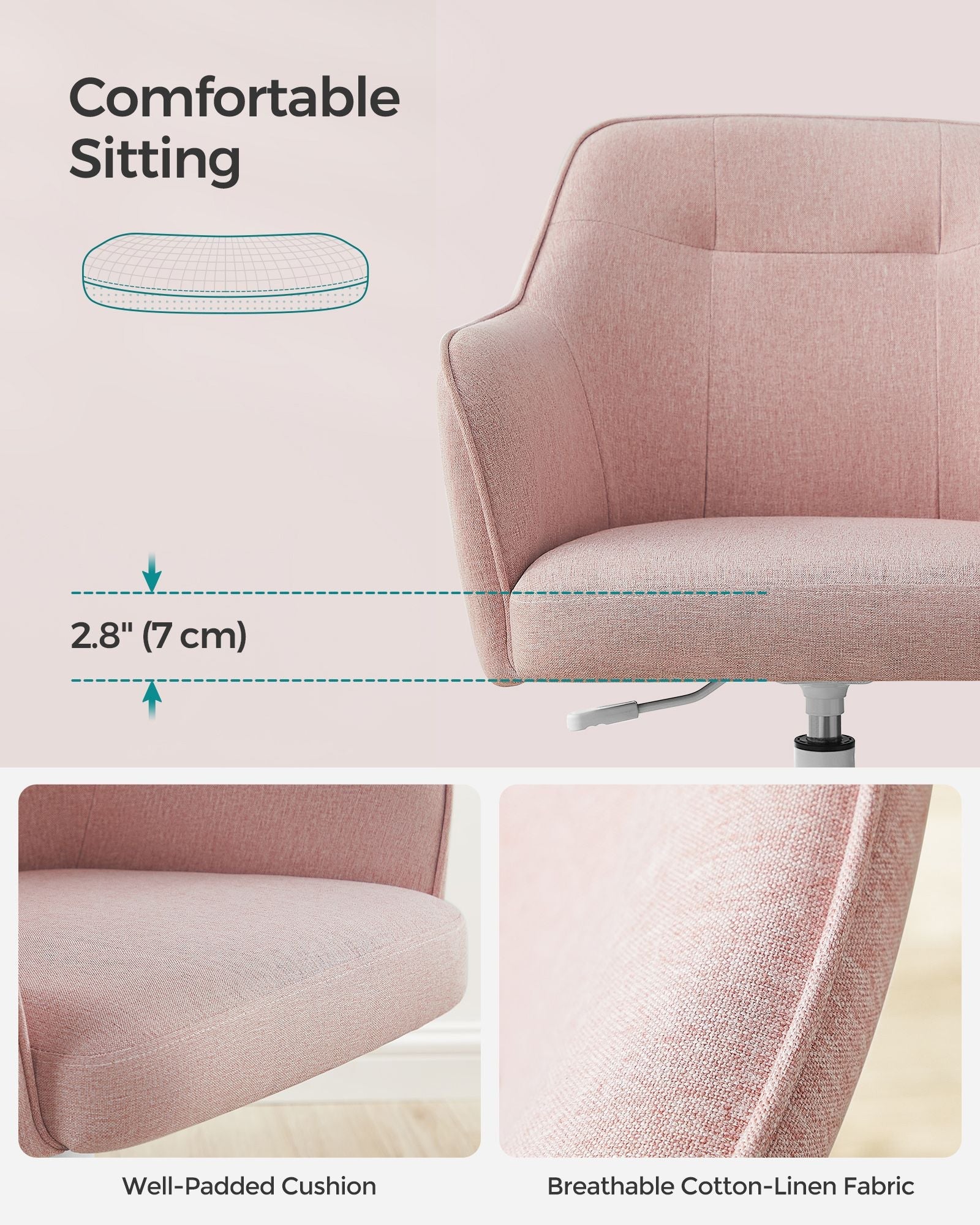 Height-Adjustable Office Chair – Linenette Fabric – Jelly Pink – Ergonomic Swivel Design, Max Load 120 kg