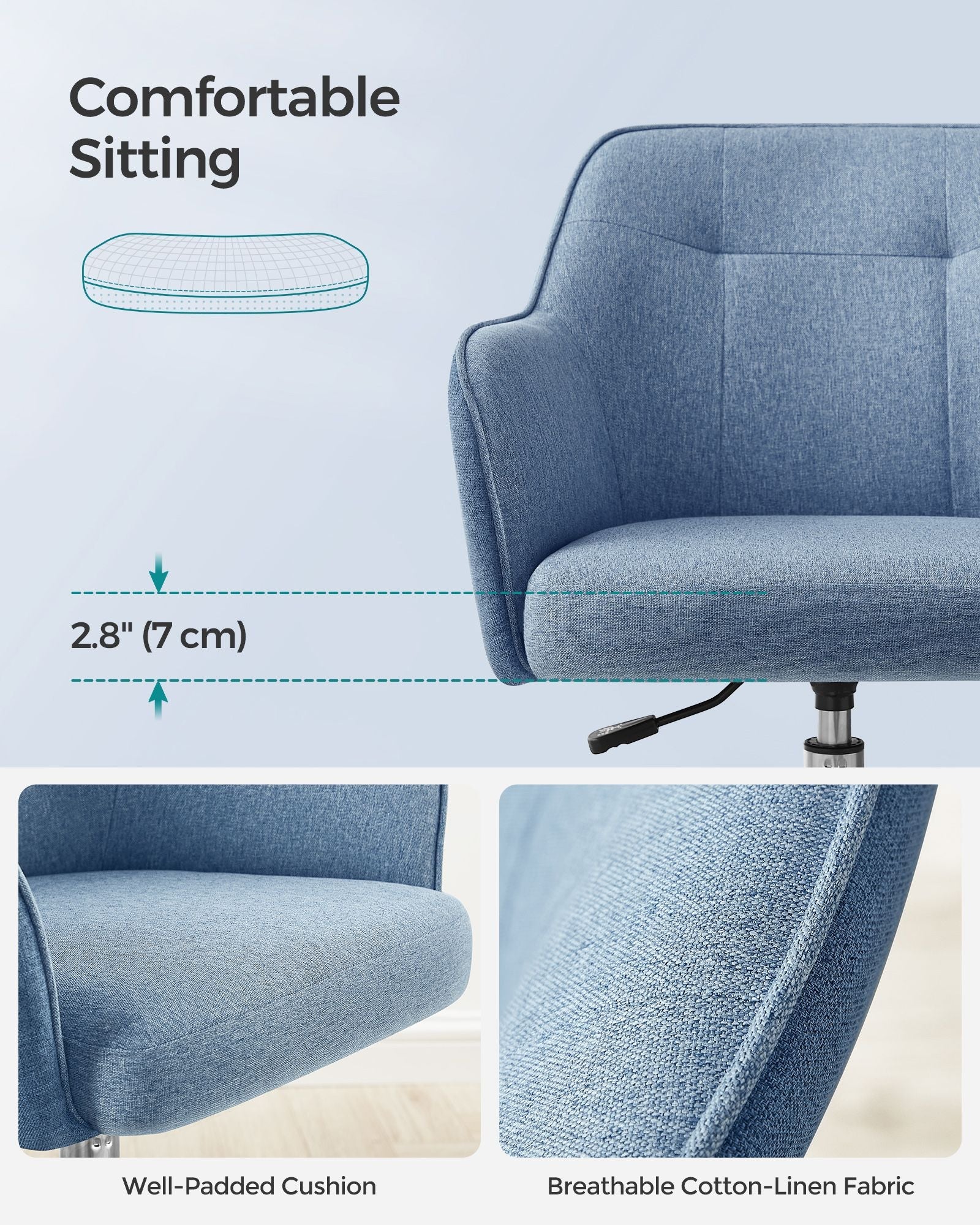 Height-Adjustable Office Chair – Steel Frame – Misty Blue – Ergonomic Design