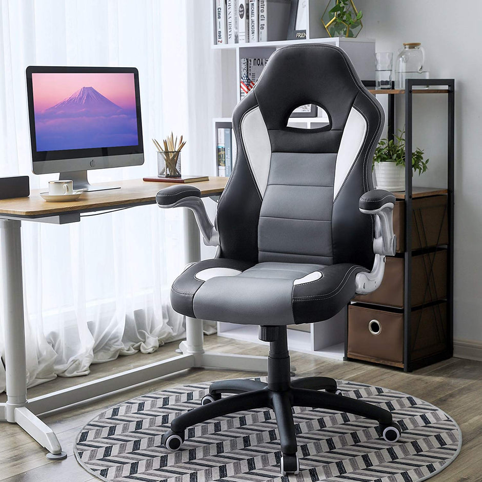 Office Swivel Chair – PU – Black Grey – High Back with Adjustable Armrest and Tilt Function