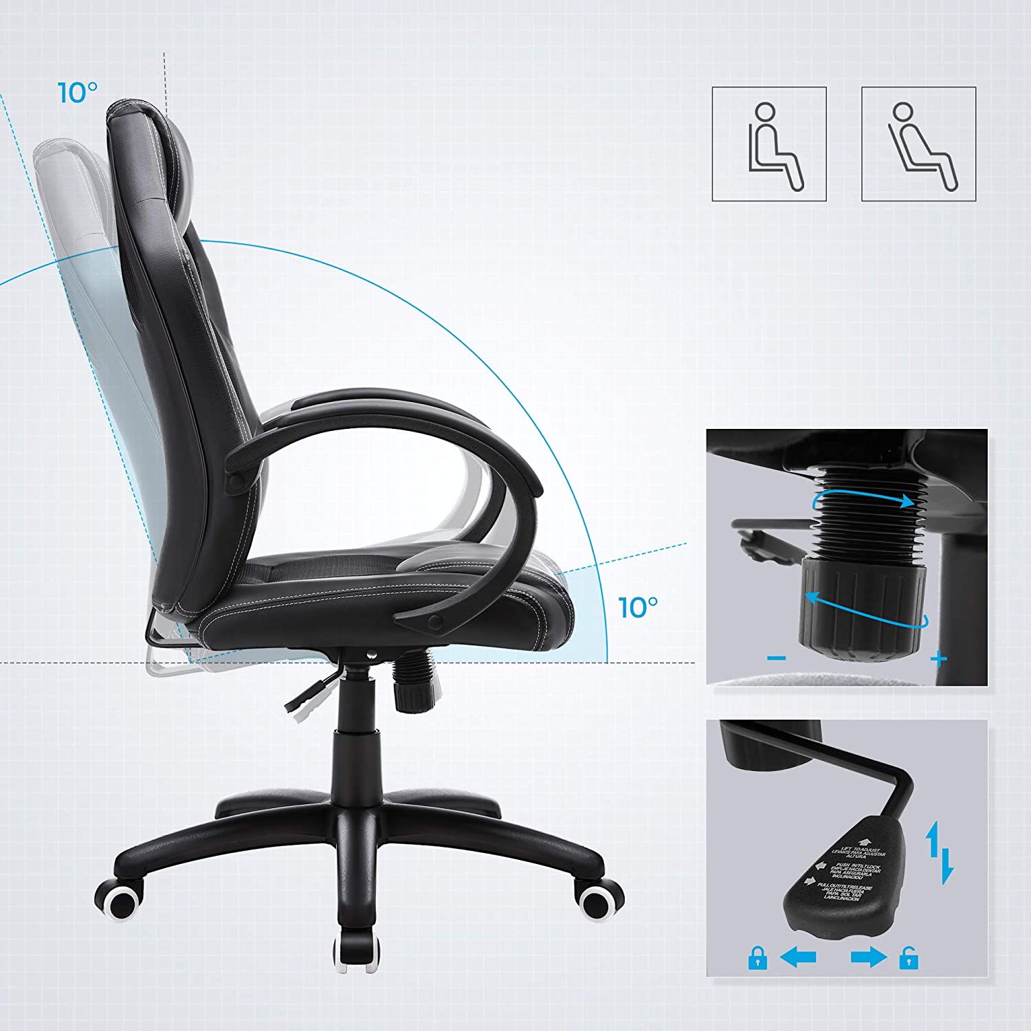 Swivel Computer Chair – PU – Blue – Racing Sport Design with Tilt Function