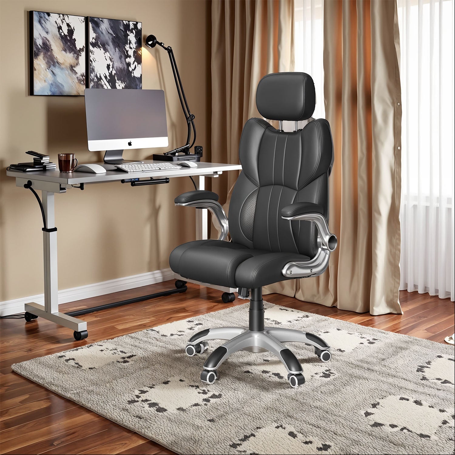 Ergonomic Gaming Office Chair – PU Leather – Black – Adjustable Headrest and Foldable Armrests