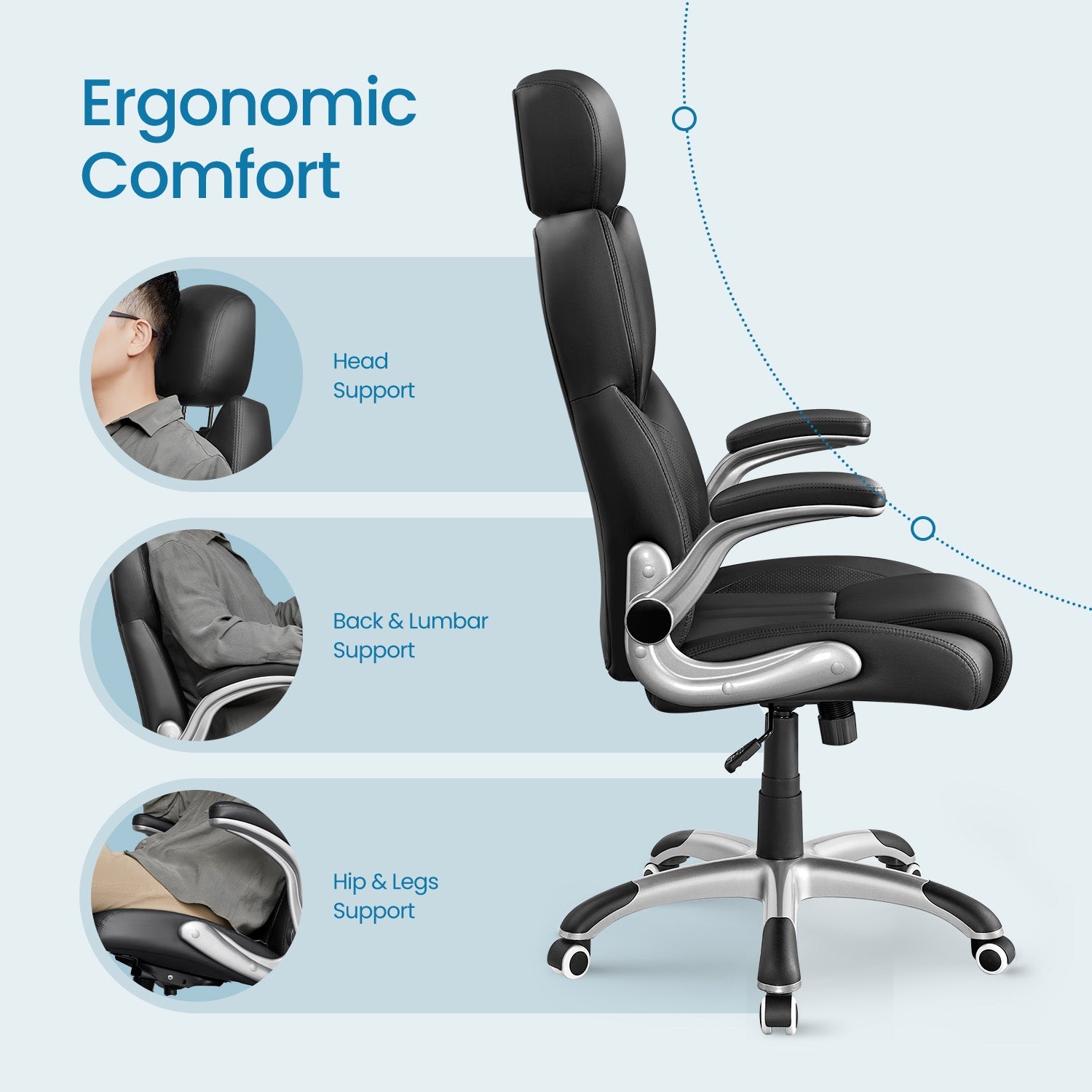 Ergonomic Gaming Office Chair – PU Leather – Black – Adjustable Headrest and Foldable Armrests