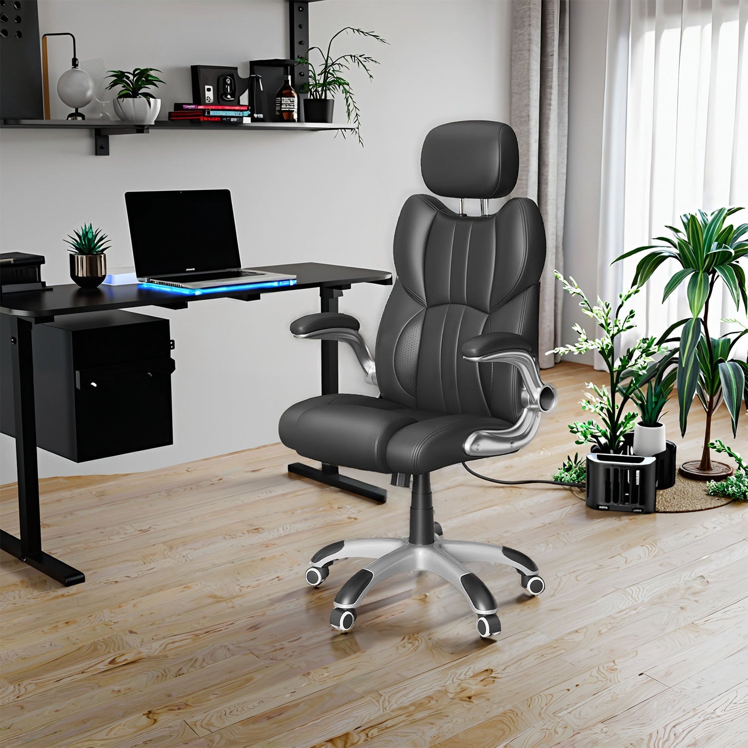 Ergonomic Gaming Office Chair – PU Leather – Black – Adjustable Headrest and Foldable Armrests