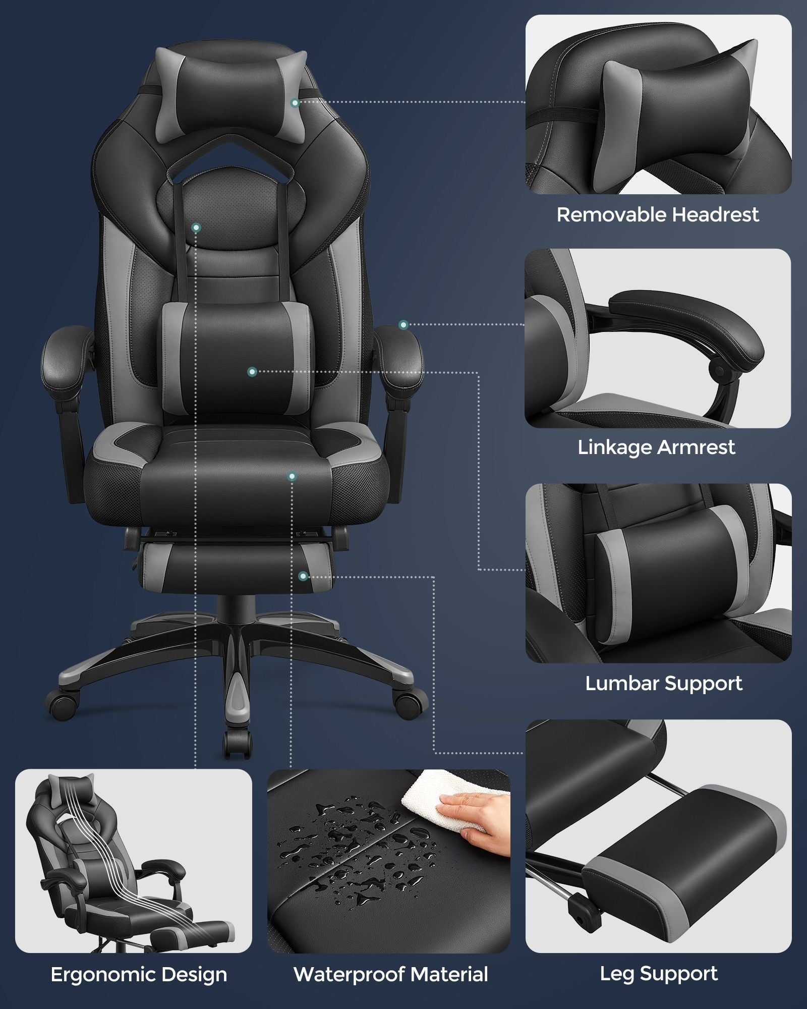 Gaming Chair – Fabric – Black and Red – Ergonomic Design with Adjustable Headrest and Footrest