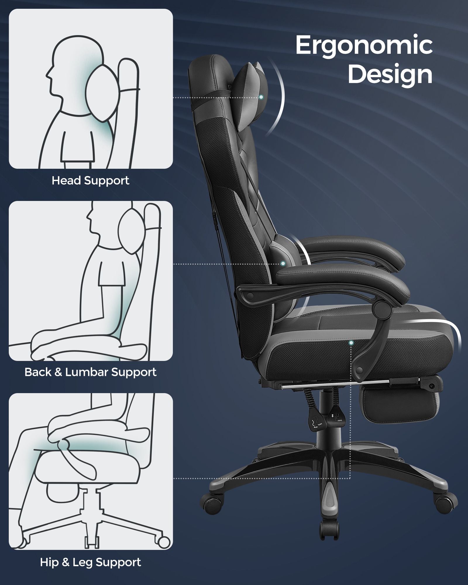 Gaming Chair – Fabric – Black and Red – Ergonomic Design with Adjustable Headrest and Footrest