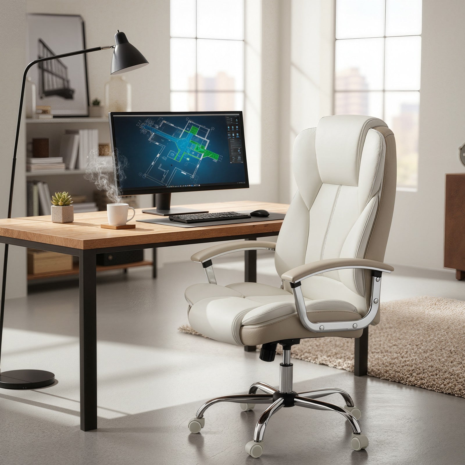 Office Chair – PU – White – High Back with Tilt Function and Armrests