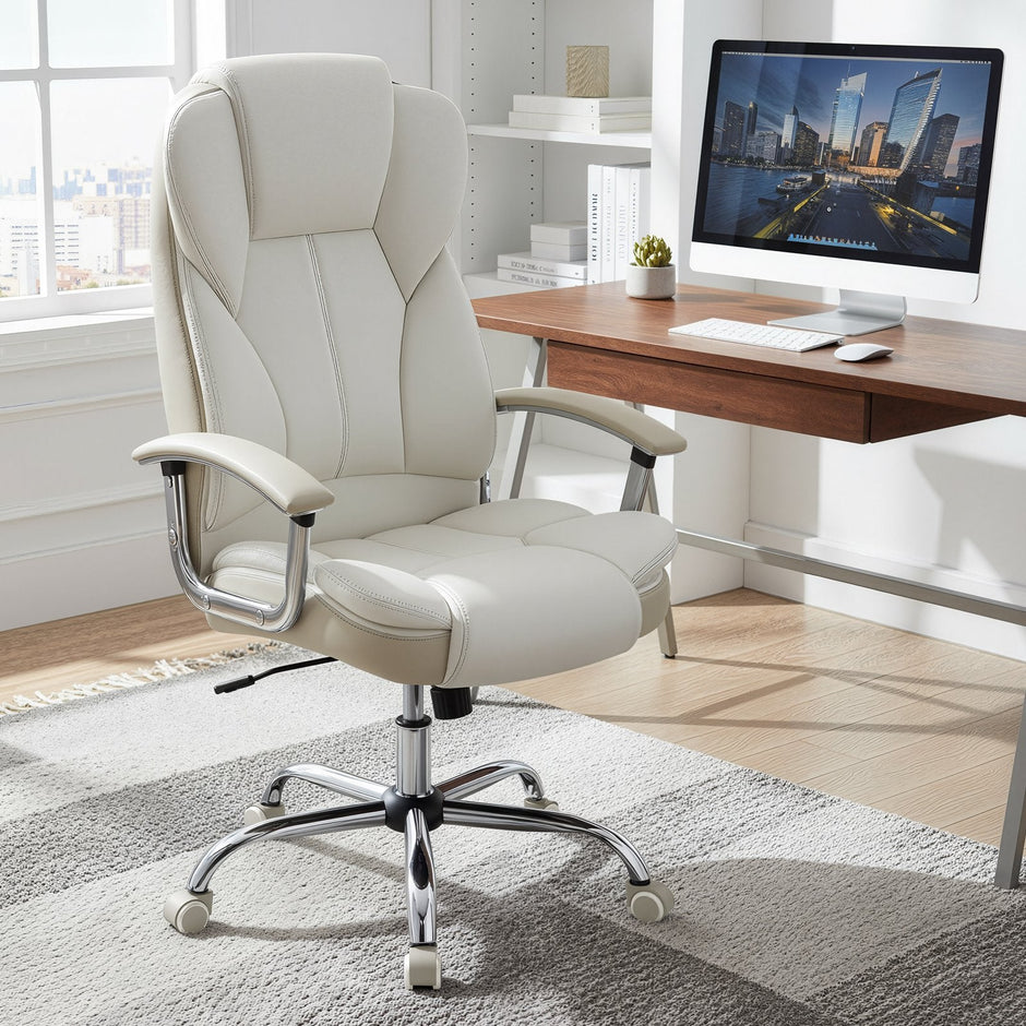 Office Chair – PU – White – High Back with Tilt Function and Armrests