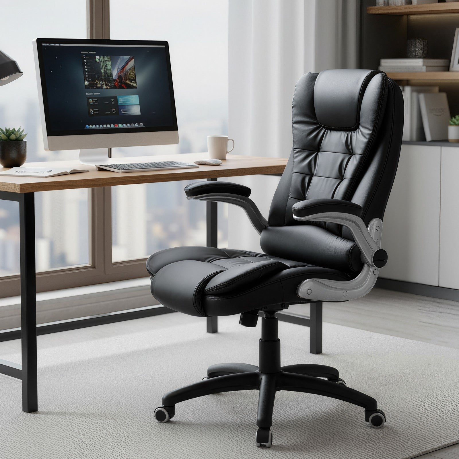 High Back Office Chair – Polyurethane – Black – Flip-Up Armrests