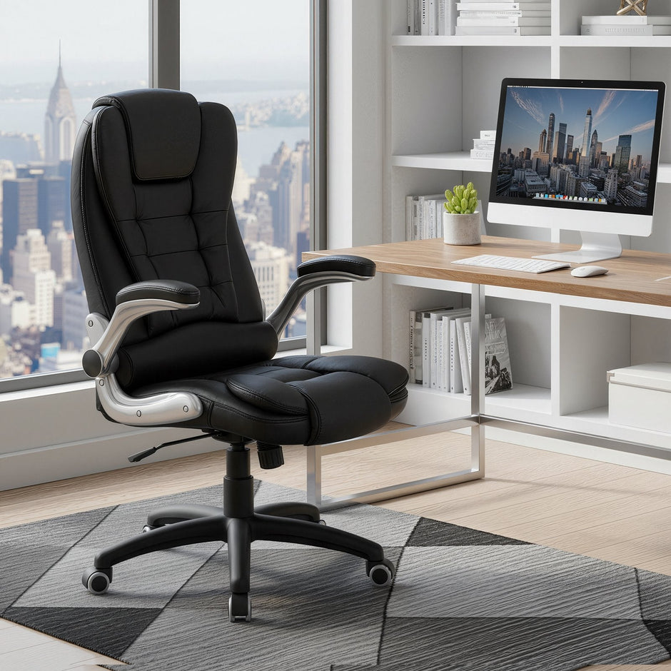 High Back Office Chair – Polyurethane – Black – Flip-Up Armrests