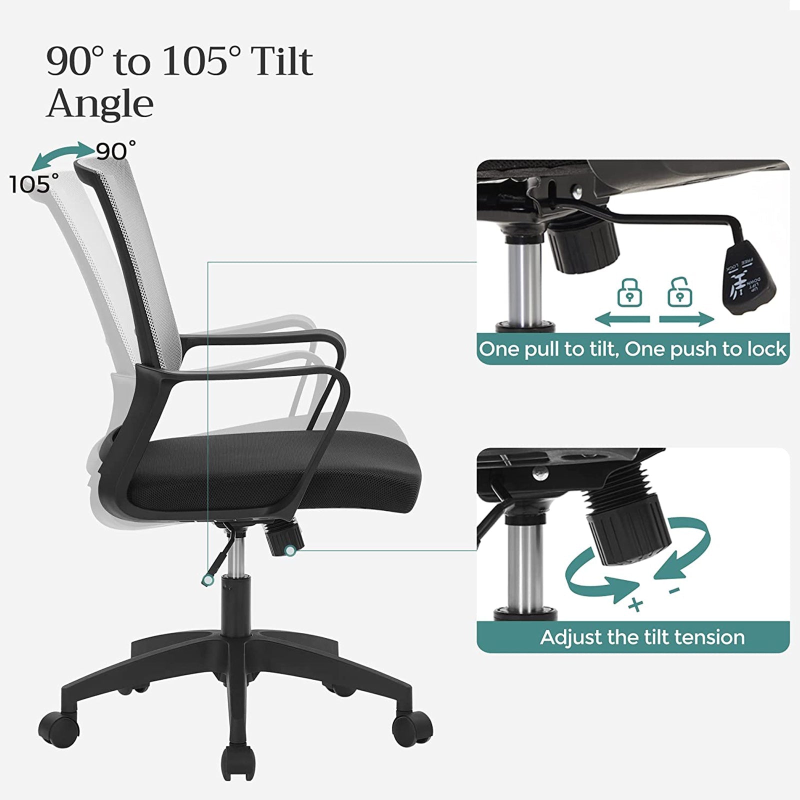 Adjustable Swivel Office Chair – Mesh – Grey – Tilt Function, Breathable Design