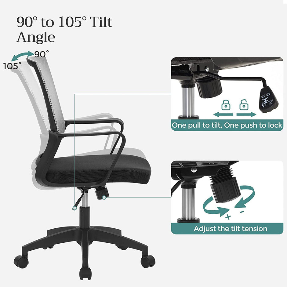 Adjustable Swivel Office Chair – Mesh – Grey – Tilt Function, Breathable Design