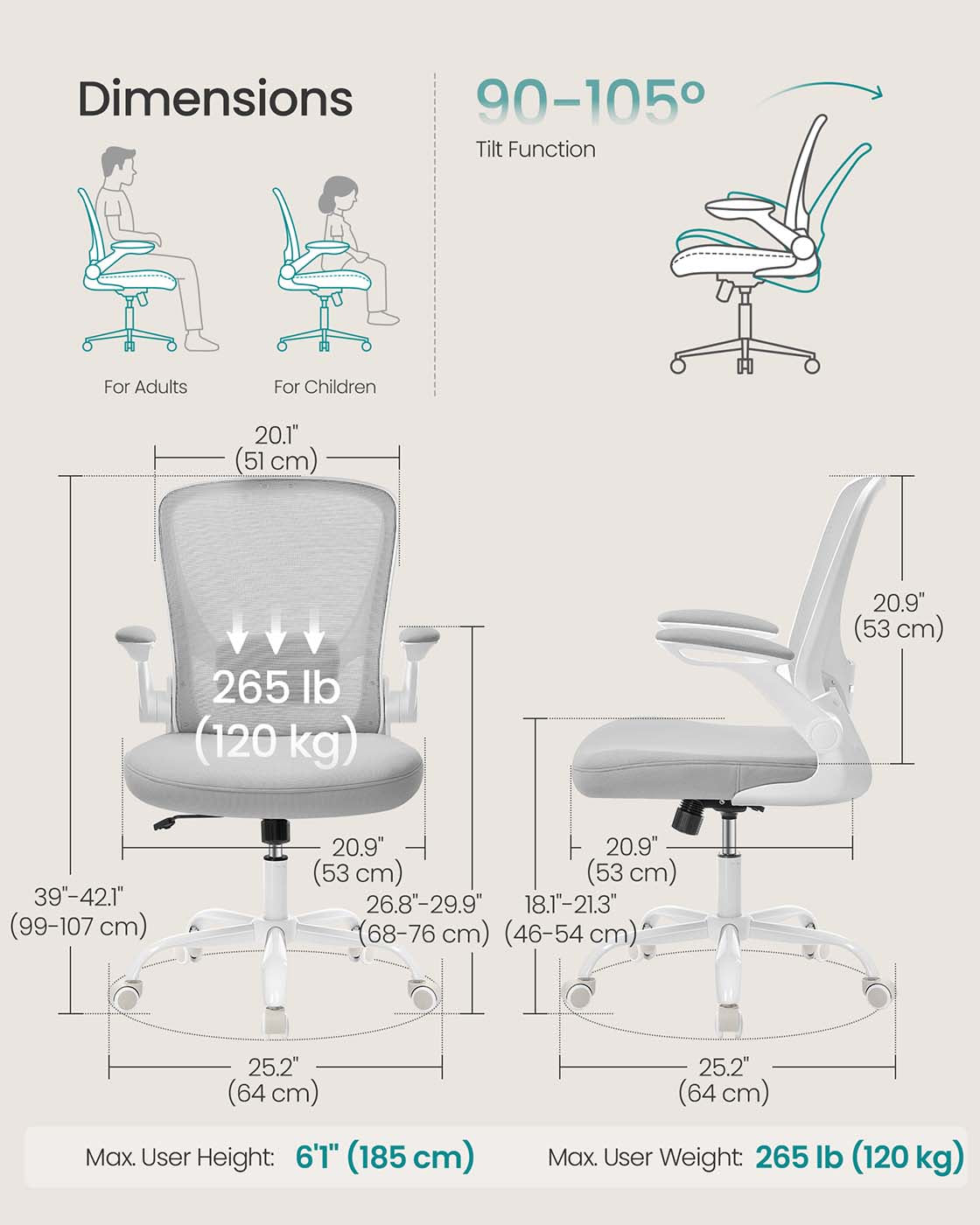 Ergonomic Office Chair – Mesh – Black – Adjustable Lumbar Support, Folding Armrests, 360° Swivel