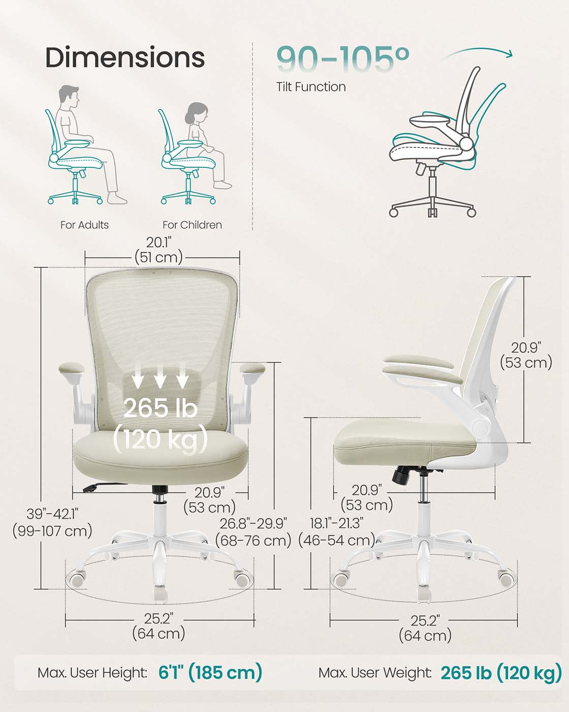 Ergonomic Office Chair – Mesh – Black – Adjustable Lumbar Support, Folding Armrests, 360° Swivel