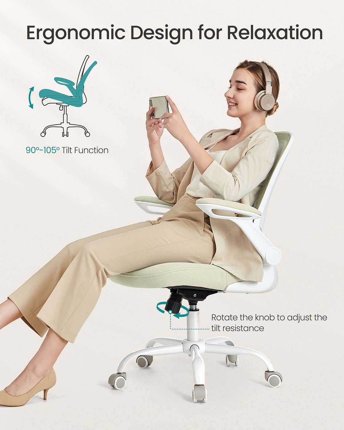 Ergonomic Office Chair – Mesh – Black – Adjustable Lumbar Support, Folding Armrests, 360° Swivel