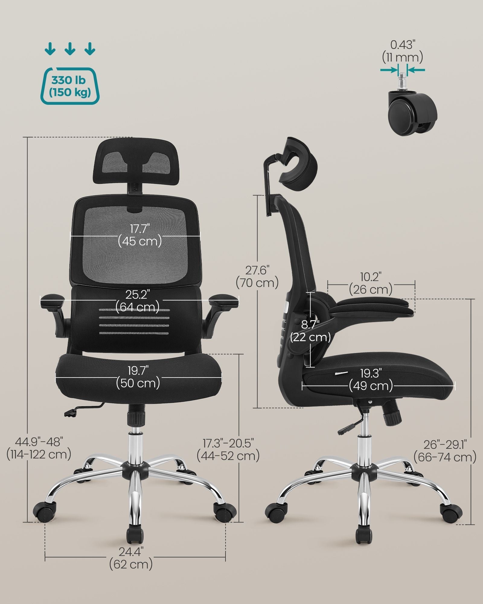 Ergonomic Office Chair – Mesh – Ink Black – High Back with Foldable Armrests and Adjustable Headrest