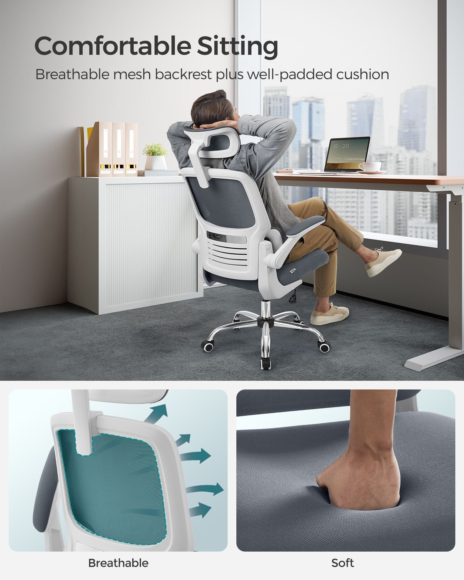 Ergonomic Office Chair – Mesh – Dove Grey – High Back with Lumbar Support and Foldable Armrests