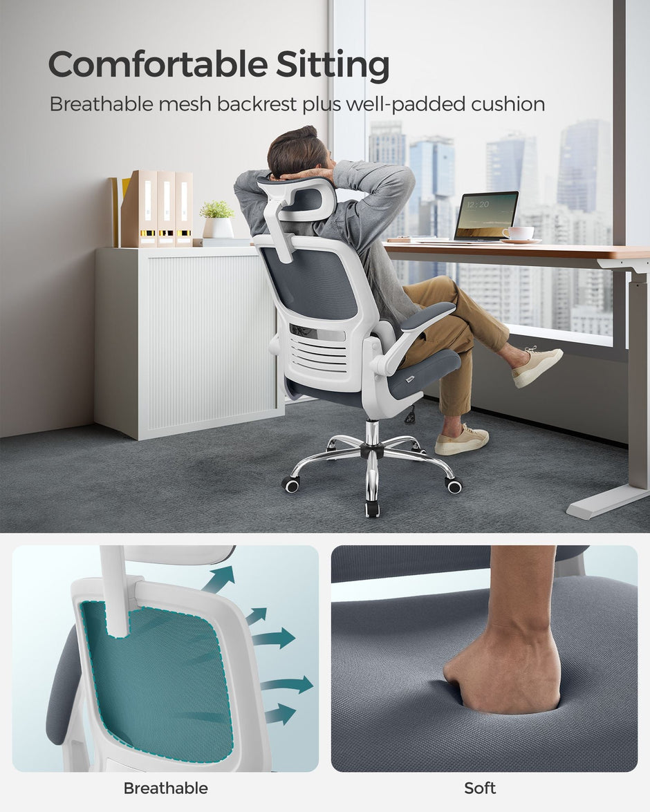 Ergonomic Office Chair – Mesh – Dove Grey – High Back with Lumbar Support and Foldable Armrests