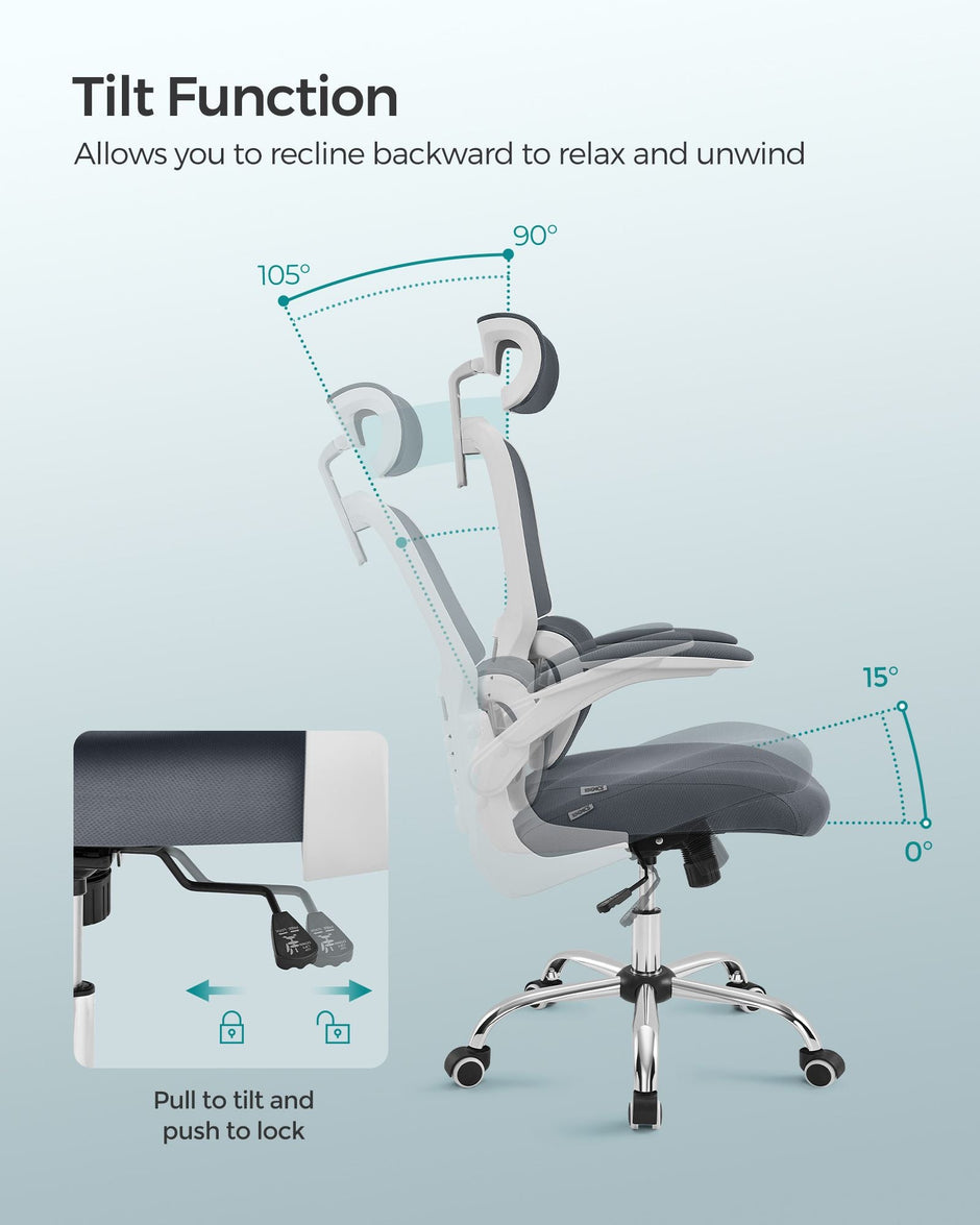 Ergonomic Office Chair – Mesh – Dove Grey – High Back with Lumbar Support and Foldable Armrests
