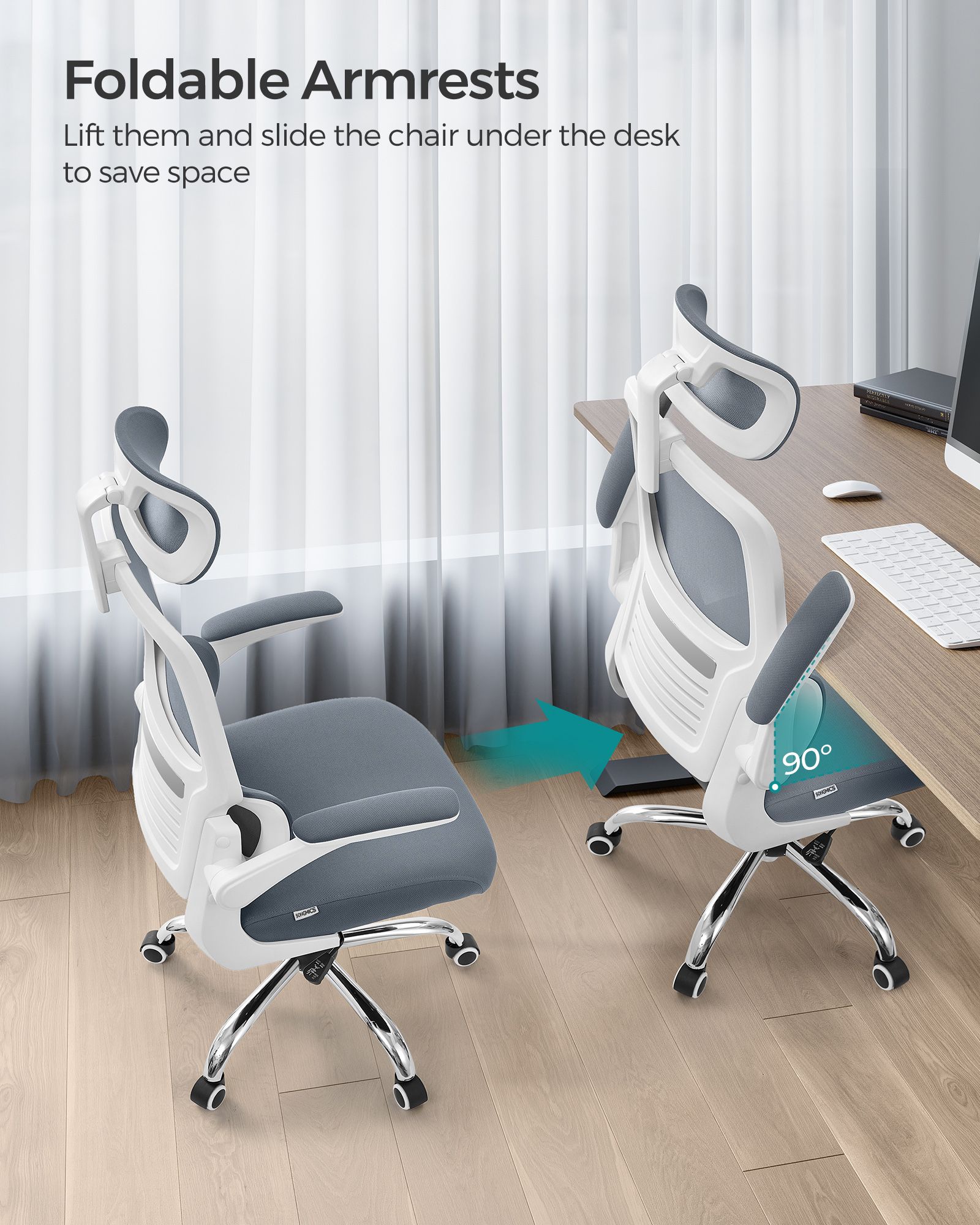 Ergonomic Office Chair – Mesh – Dove Grey – High Back with Lumbar Support and Foldable Armrests