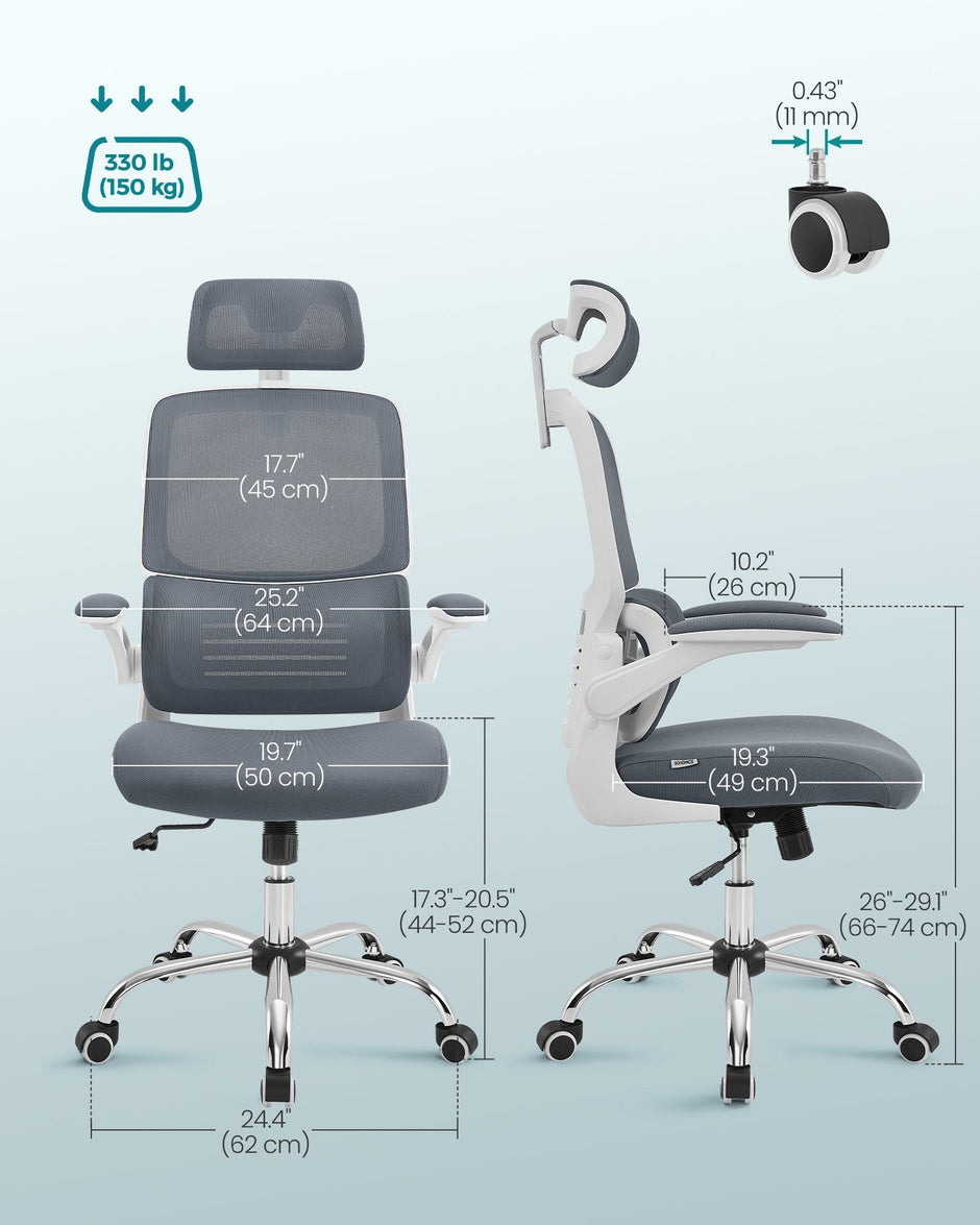 Ergonomic Office Chair – Mesh – Dove Grey – High Back with Lumbar Support and Foldable Armrests