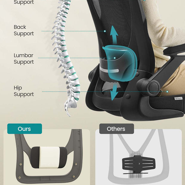 Ergonomic Office Chair – Mesh – Black – Adjustable Lumbar Support, Folding Armrests, 360° Swivel