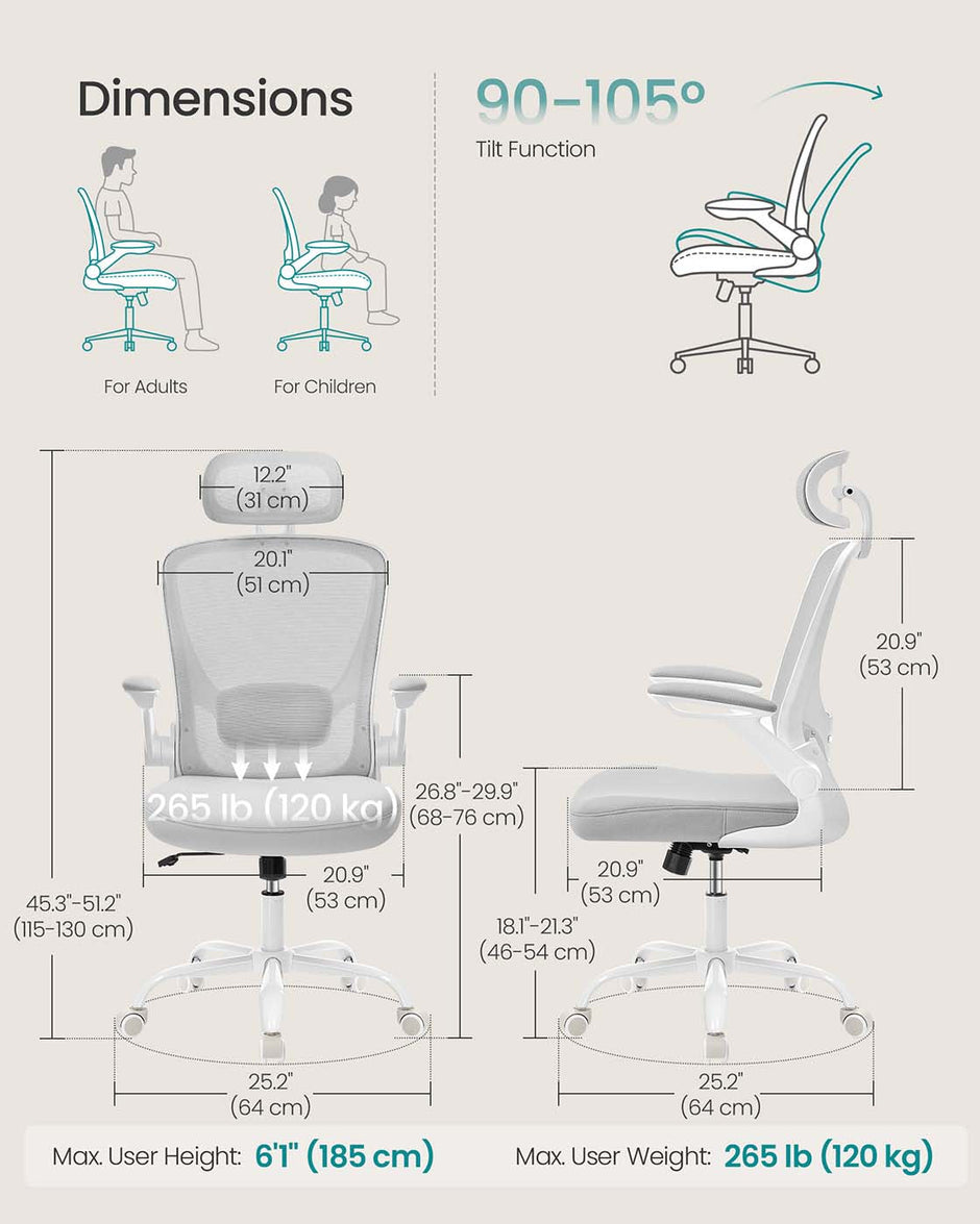 Ergonomic Office Chair – Mesh – Black – Adjustable Lumbar Support, Folding Armrests, 360° Swivel