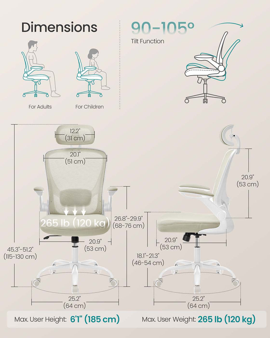 Ergonomic Office Chair – Mesh – Black – Adjustable Lumbar Support, Folding Armrests, 360° Swivel