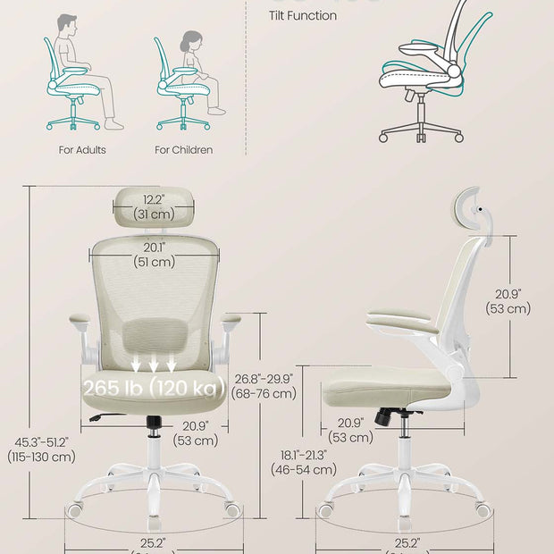 Ergonomic Office Chair – Mesh – Black – Adjustable Lumbar Support, Folding Armrests, 360° Swivel