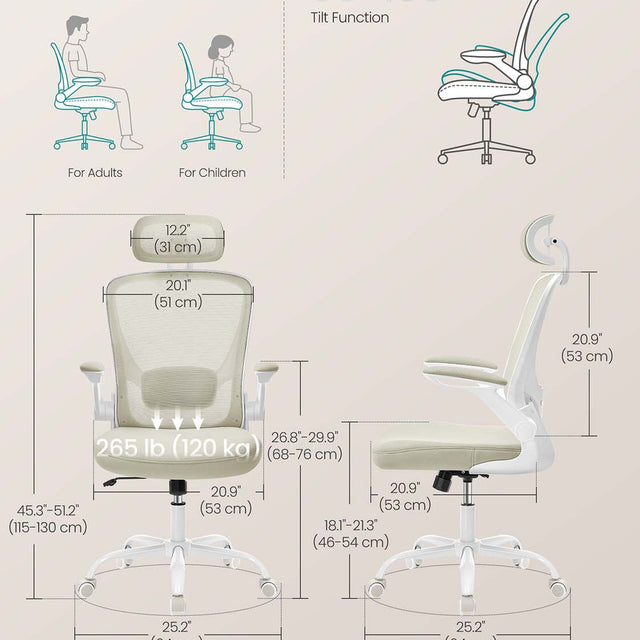 Ergonomic Office Chair – Mesh – Black – Adjustable Lumbar Support, Folding Armrests, 360° Swivel
