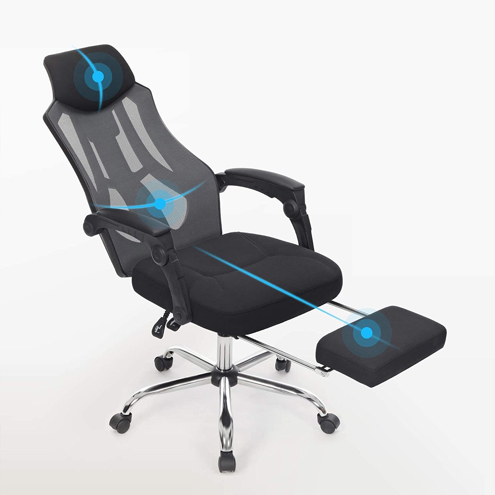 Ergonomic Swivel Chair – Mesh – Black and Dark Grey – Adjustable Height, Headrest, and Footrest