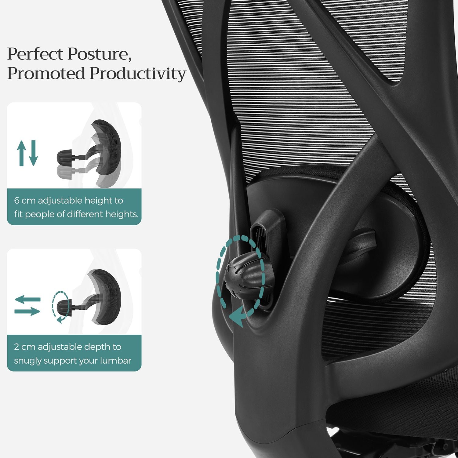 Ergonomic Office Chair – Mesh Fabric – Black – Adjustable Lumbar Support and Headrest