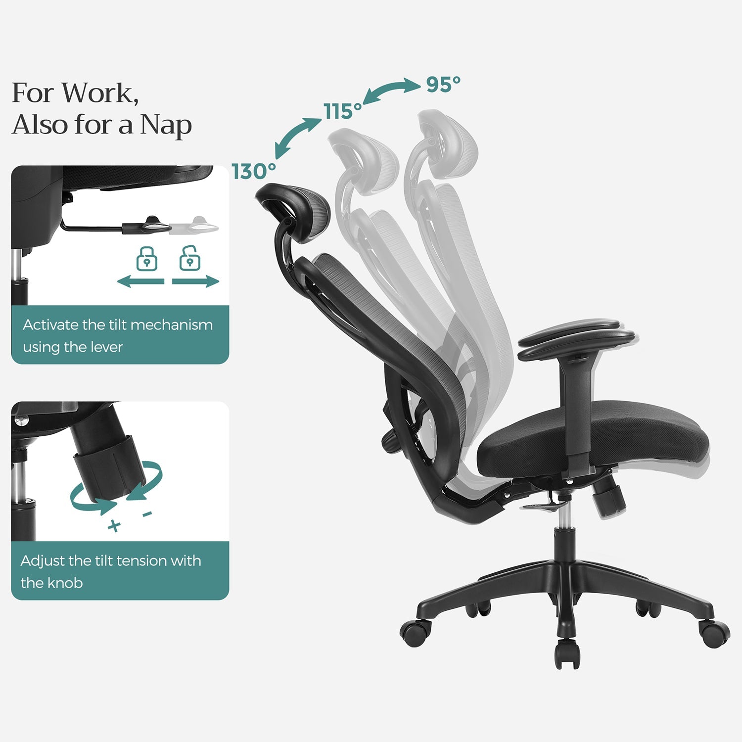 Ergonomic Office Chair – Mesh Fabric – Black – Adjustable Lumbar Support and Headrest